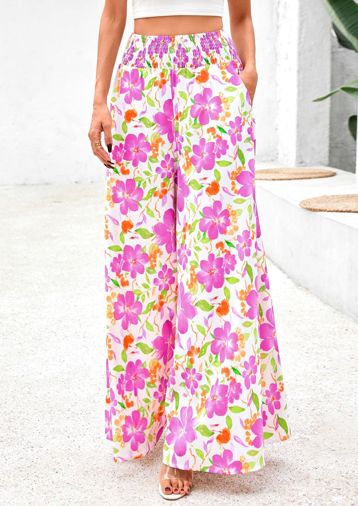 Casual Elastic High Waisted Pockets Boho Beach Wide Leg Palazzo Pants