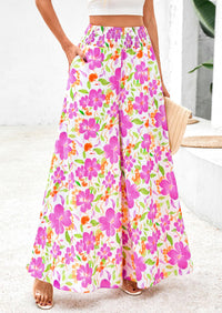 Casual Elastic High Waisted Pockets Boho Beach Wide Leg Palazzo Pants