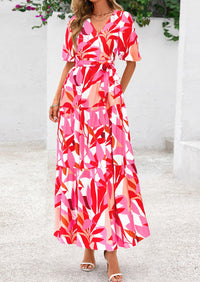 Bohemian Print V-Neck Short Sleeved Ruffled Vacation Maxi Dress