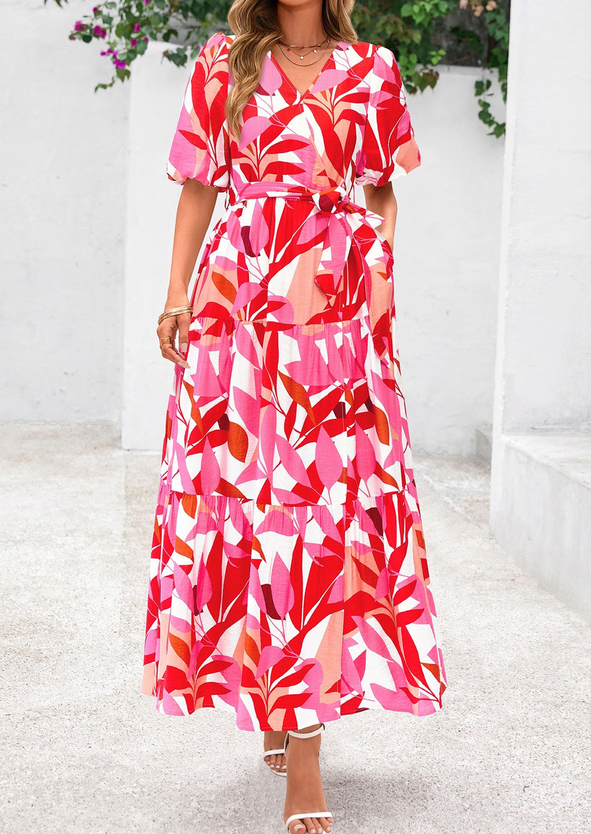 Bohemian Print V-Neck Short Sleeved Ruffled Vacation Maxi Dress