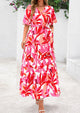 Bohemian Print V-Neck Short Sleeved Ruffled Vacation Maxi Dress