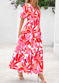 Bohemian Print V-Neck Short Sleeved Ruffled Vacation Maxi Dress