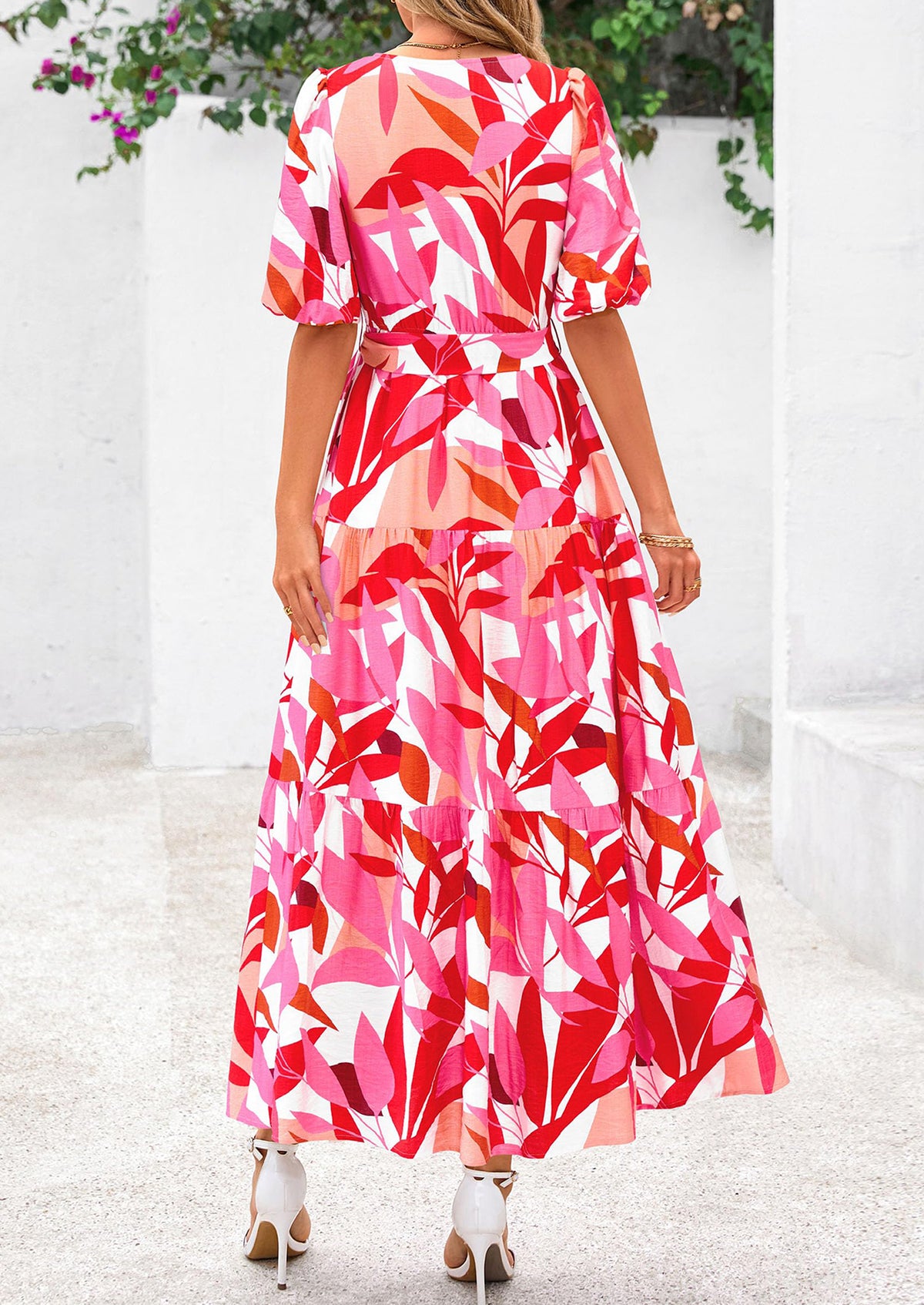 Bohemian Print V-Neck Short Sleeved Ruffled Vacation Maxi Dress