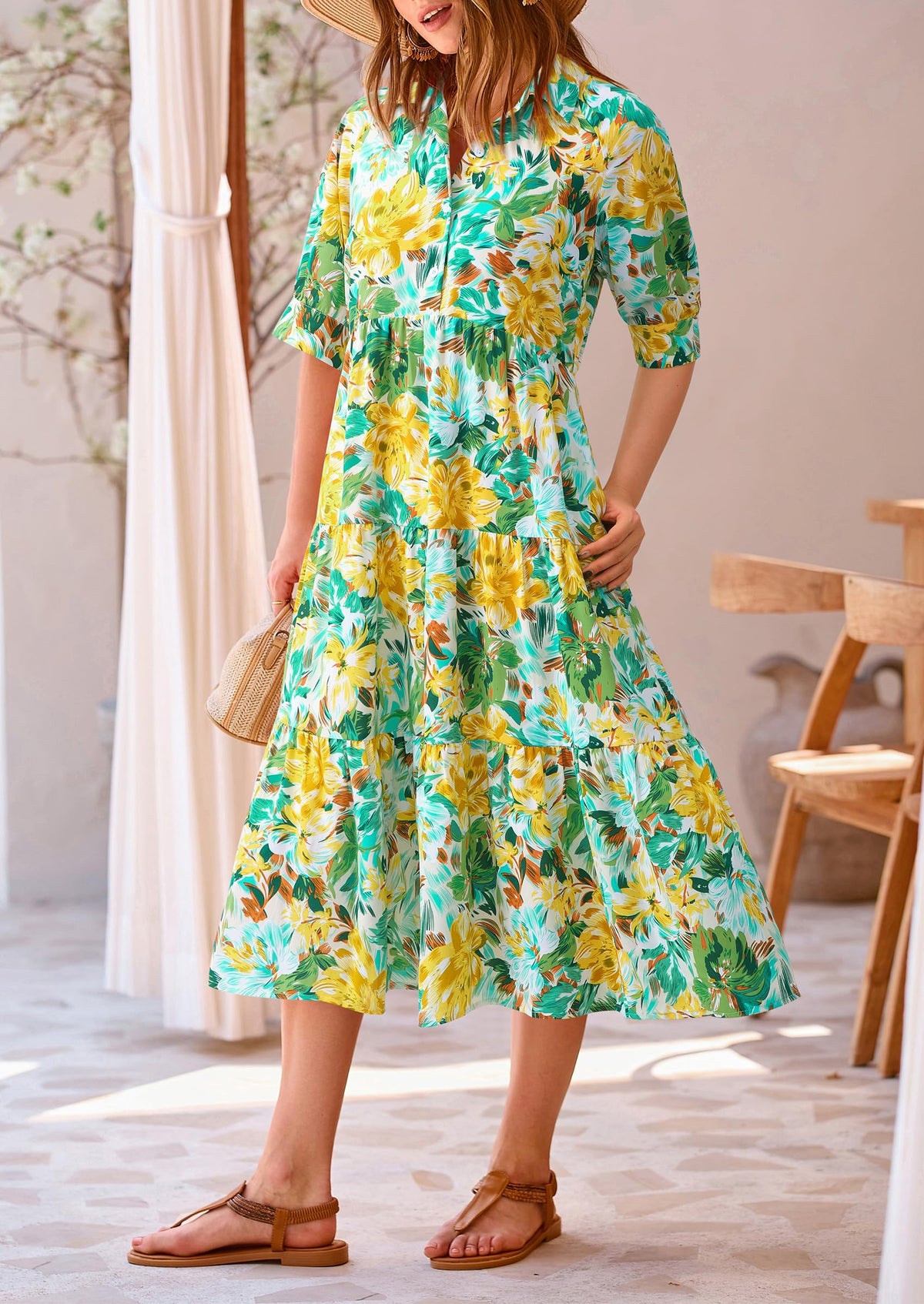 Button Up Ruffle A Line Flowy Maxi Dress