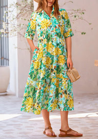 Button Up Ruffle A Line Flowy Maxi Dress
