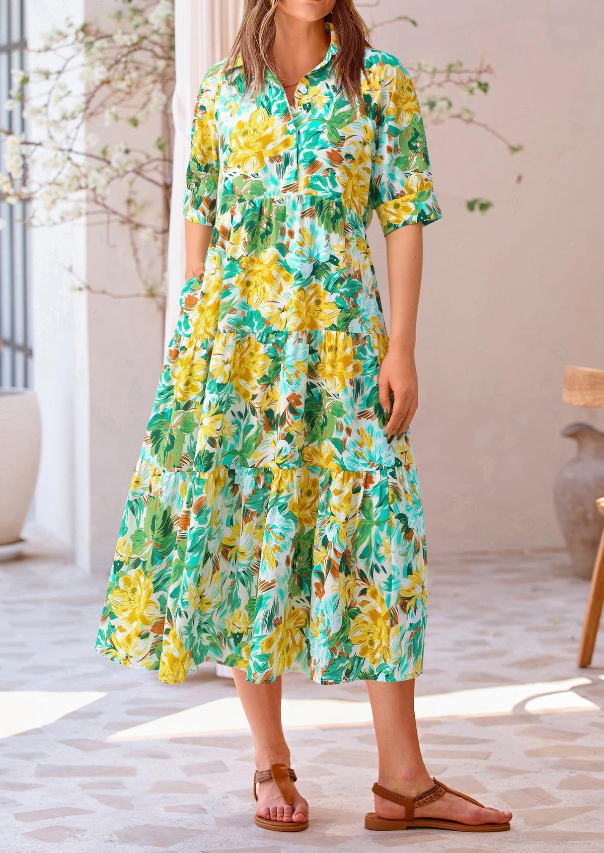 Button Up Ruffle A Line Flowy Maxi Dress