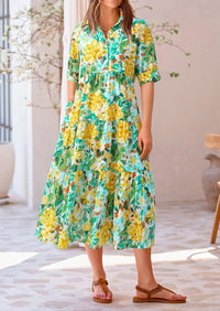 Button Up Ruffle A Line Flowy Maxi Dress