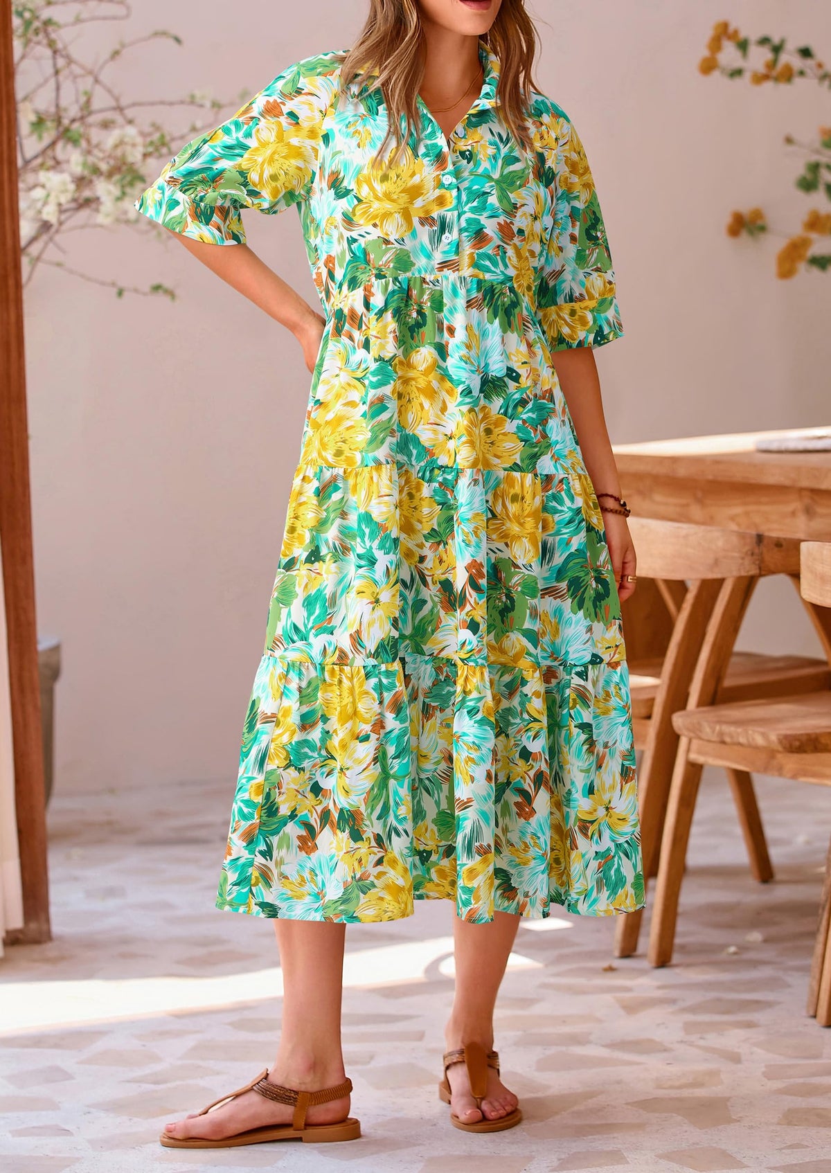 Button Up Ruffle A Line Flowy Maxi Dress