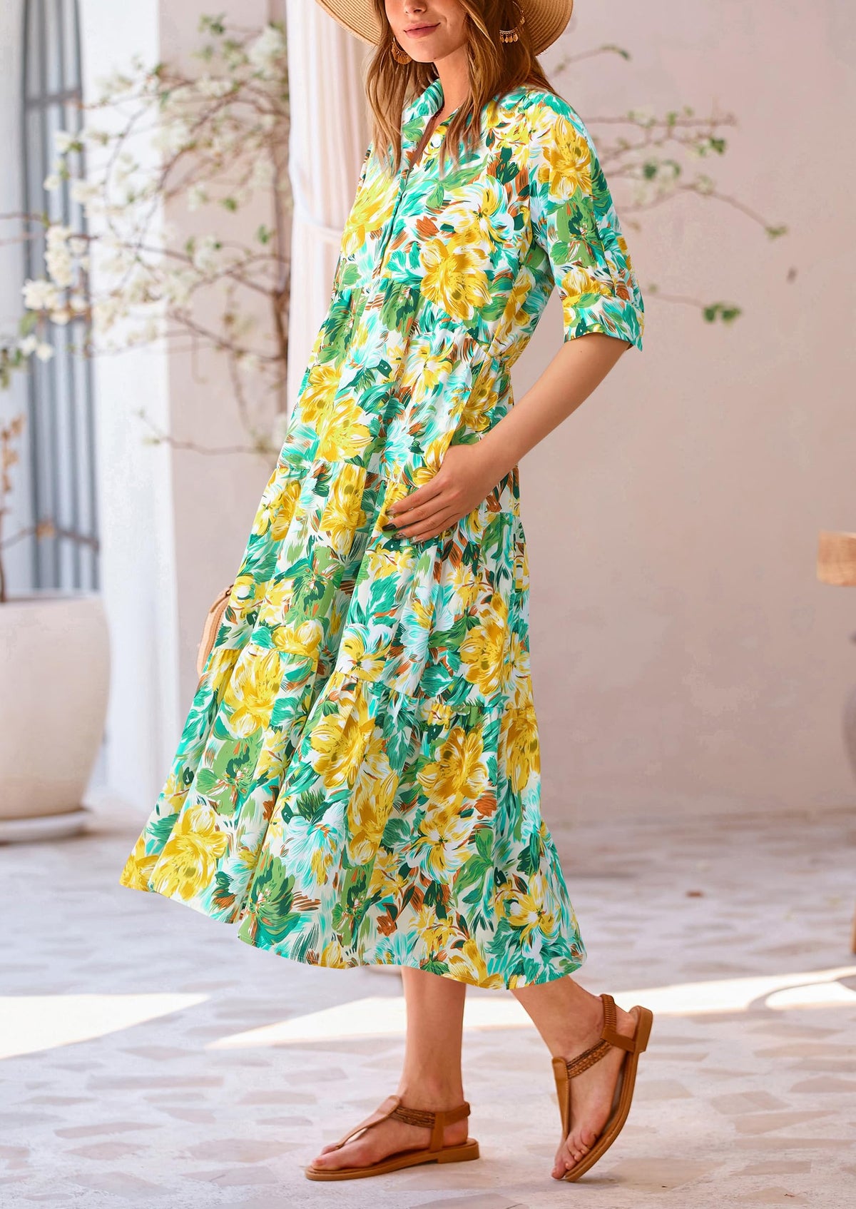 Button Up Ruffle A Line Flowy Maxi Dress