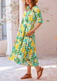 Button Up Ruffle A Line Flowy Maxi Dress