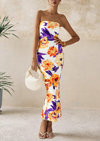 Floral Bodycon Ribbed Strapless Tube Casual Boho Maxi Dresses