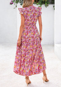Floral Cap Sleeve V Neck Ruffle Flowy Boho Casual Beach Vacation Midi Dress