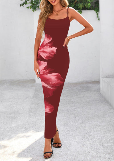 PRETTYGARDEN Women's Maxi Bodycon Dress Spaghetti Strap Slim Fit Back Slit Long Dress Floral Sundress
