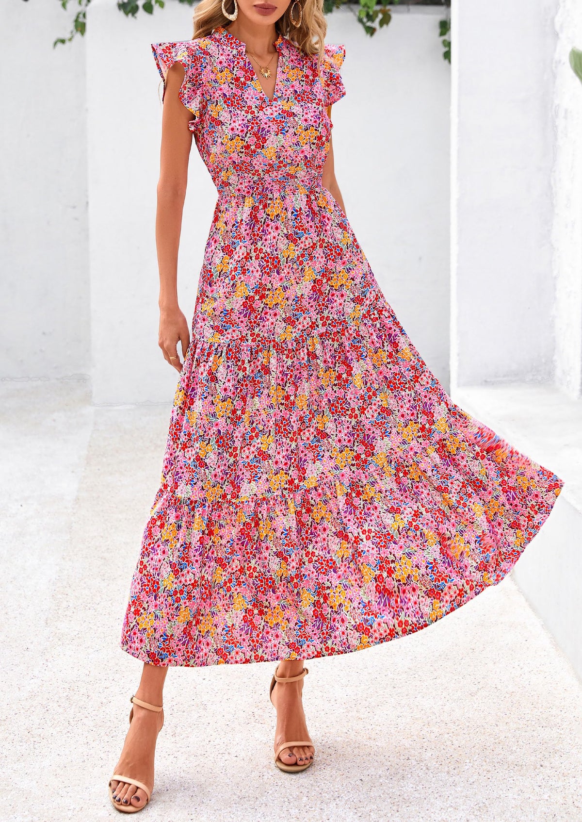Floral Cap Sleeve V Neck Ruffle Flowy Boho Casual Beach Vacation Midi Dress