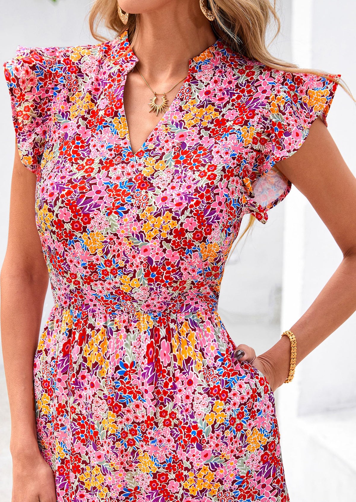 Floral Cap Sleeve V Neck Ruffle Flowy Boho Casual Beach Vacation Midi Dress