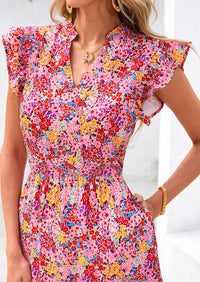 Floral Cap Sleeve V Neck Ruffle Flowy Boho Casual Beach Vacation Midi Dress