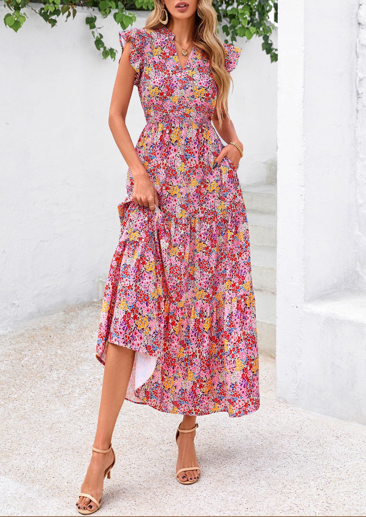 Floral Cap Sleeve V Neck Ruffle Flowy Boho Casual Beach Vacation Midi Dress