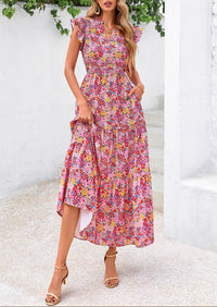 Floral Cap Sleeve V Neck Ruffle Flowy Boho Casual Beach Vacation Midi Dress