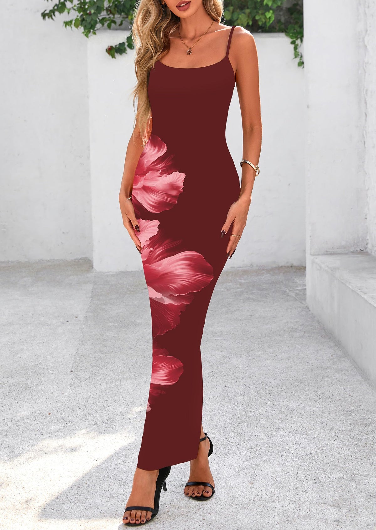 Floral Sexy Spaghetti Strap Slip Bodycon Mesh Maxi Dresses