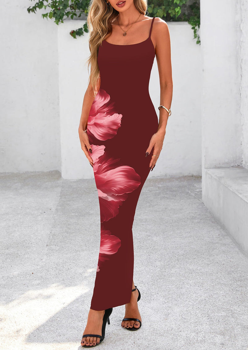 PRETTYGARDEN Women's Maxi Bodycon Dress Spaghetti Strap Slim Fit Back Slit Long Dress Floral Sundress