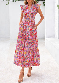 Floral Cap Sleeve V Neck Ruffle Flowy Boho Casual Beach Vacation Midi Dress