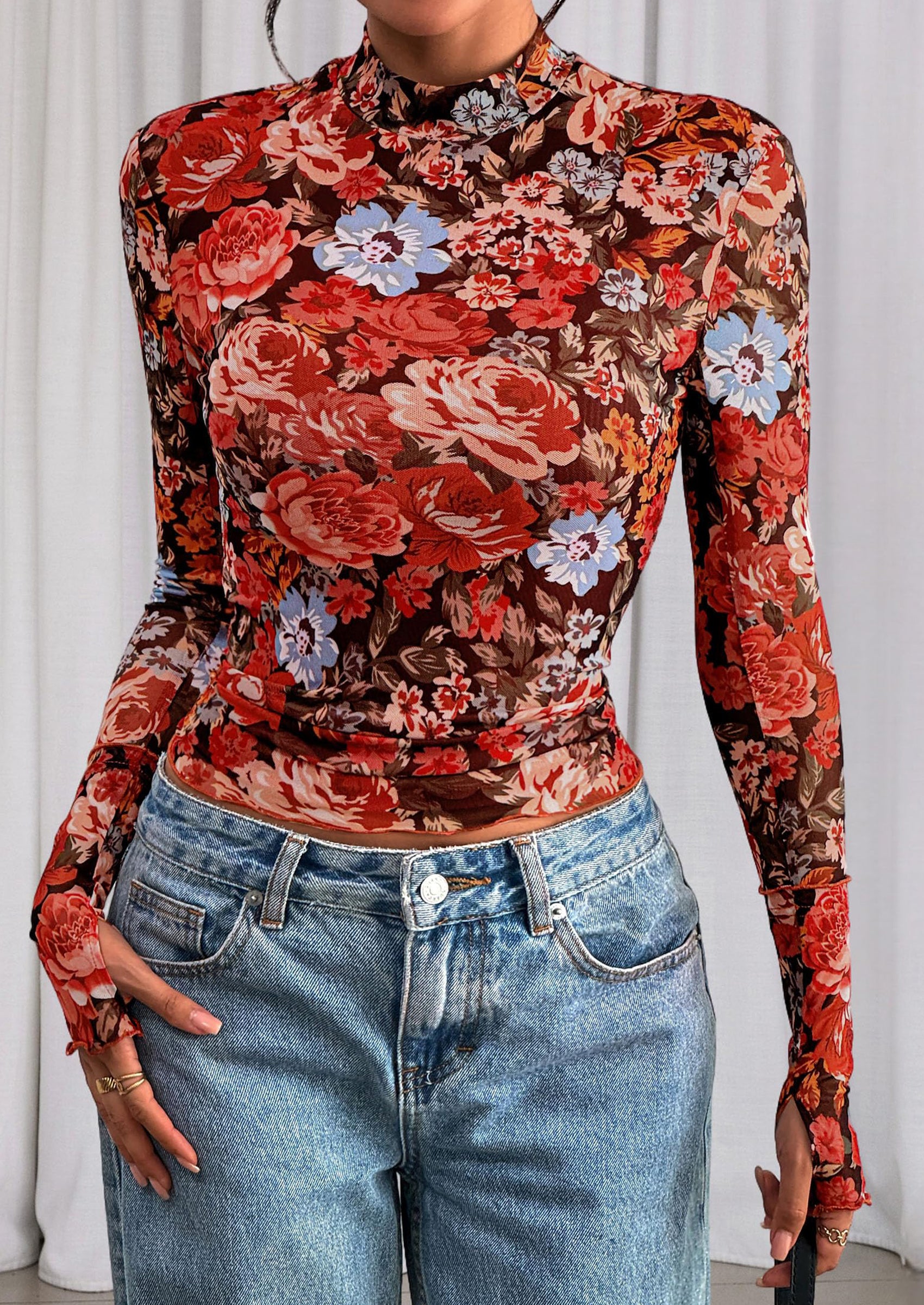 PRETTYGARDEN Womens Fall Mesh Floral Blouses Long Sleeve Going Out Tops Slim Fitted Shirts Date Night Outfits