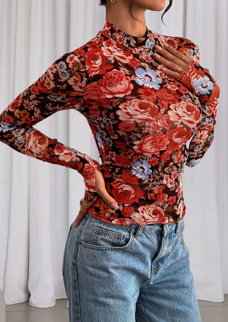 PRETTYGARDEN Womens Fall Mesh Floral Blouses Long Sleeve Going Out Tops Slim Fitted Shirts Date Night Outfits