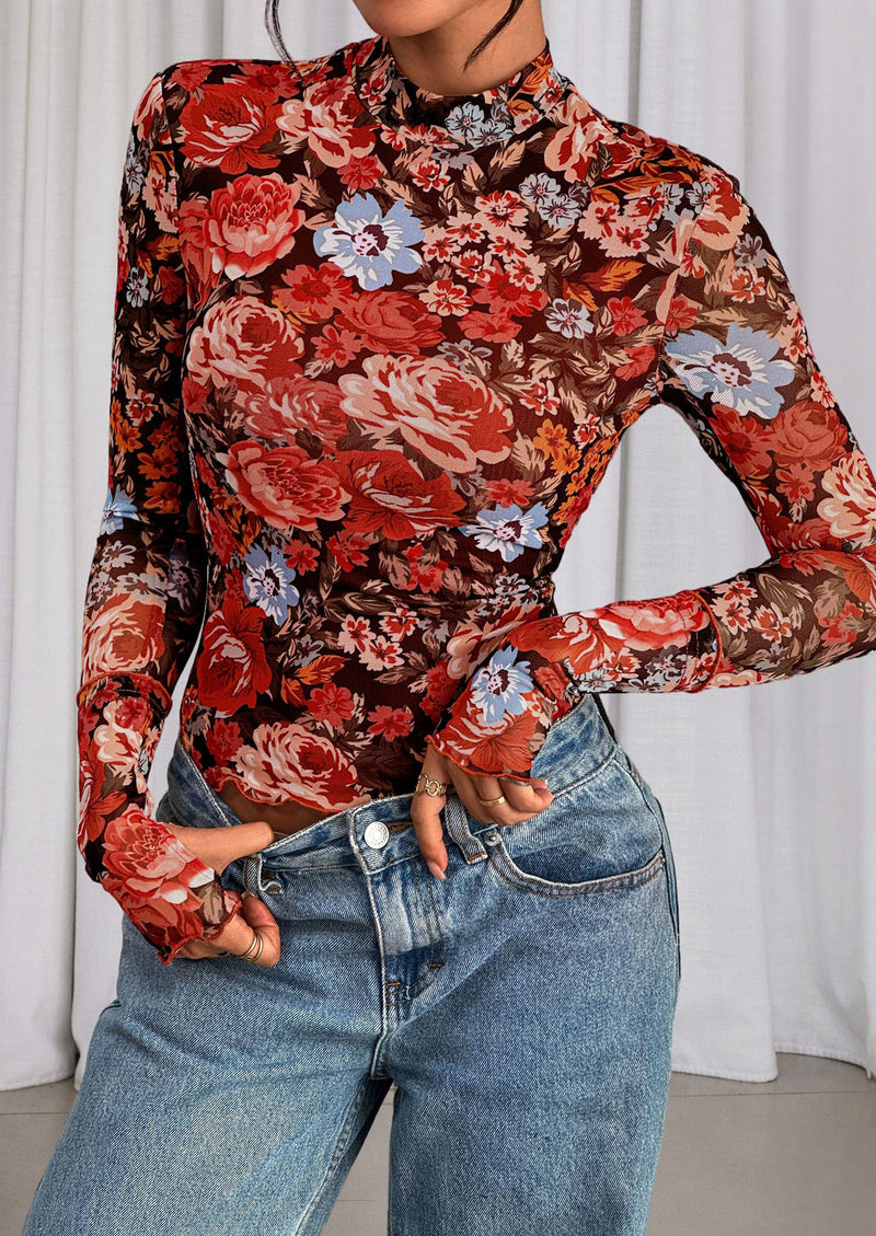 PRETTYGARDEN Womens Fall Mesh Floral Blouses Long Sleeve Going Out Tops Slim Fitted Shirts Date Night Outfits
