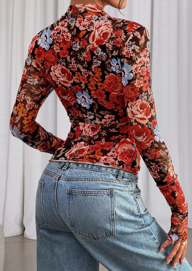 PRETTYGARDEN Womens Fall Mesh Floral Blouses Long Sleeve Going Out Tops Slim Fitted Shirts Date Night Outfits