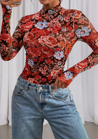 PRETTYGARDEN Womens Fall Mesh Floral Blouses Long Sleeve Going Out Tops Slim Fitted Shirts Date Night Outfits