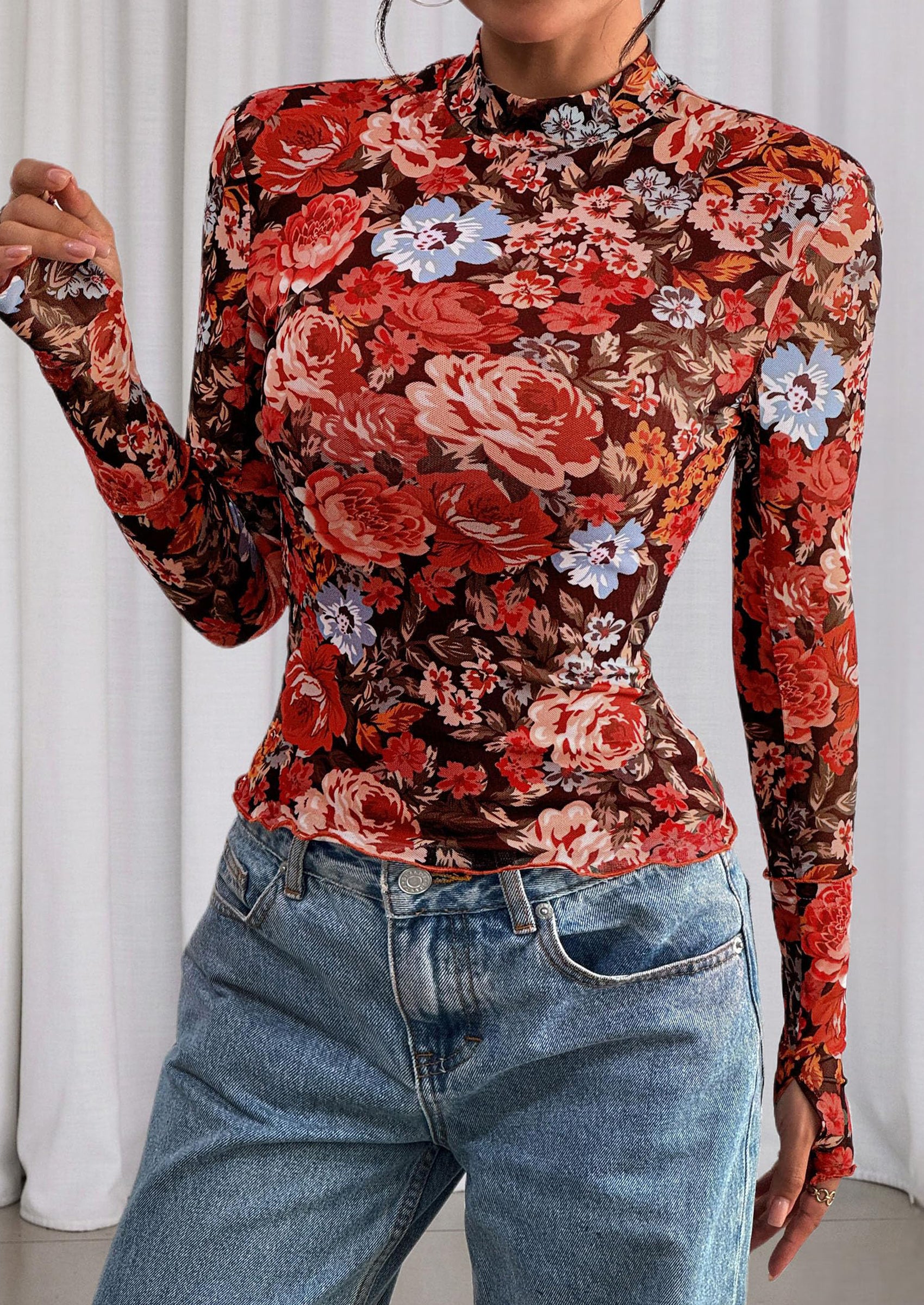 PRETTYGARDEN Womens Fall Mesh Floral Blouses Long Sleeve Going Out Tops Slim Fitted Shirts Date Night Outfits