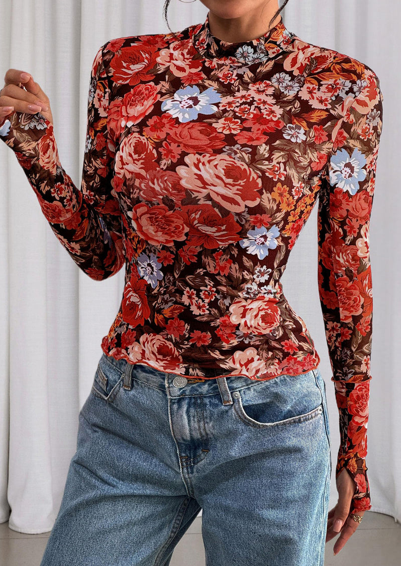 PRETTYGARDEN Womens Fall Mesh Floral Blouses Long Sleeve Going Out Tops Slim Fitted Shirts Date Night Outfits