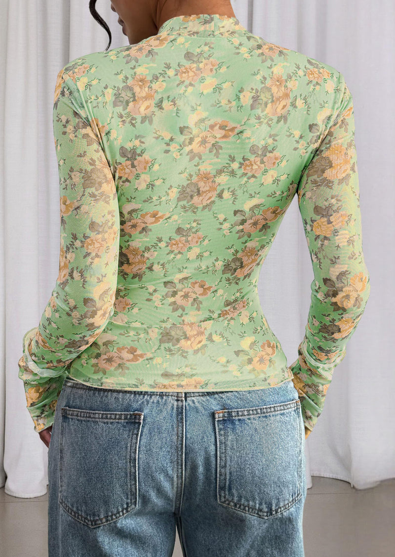 PRETTYGARDEN Womens Fall Mesh Floral Blouses Long Sleeve Going Out Tops Slim Fitted Shirts Date Night Outfits