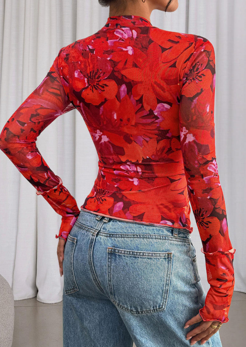 PRETTYGARDEN Womens Fall Mesh Floral Blouses Long Sleeve Going Out Tops Slim Fitted Shirts Date Night Outfits