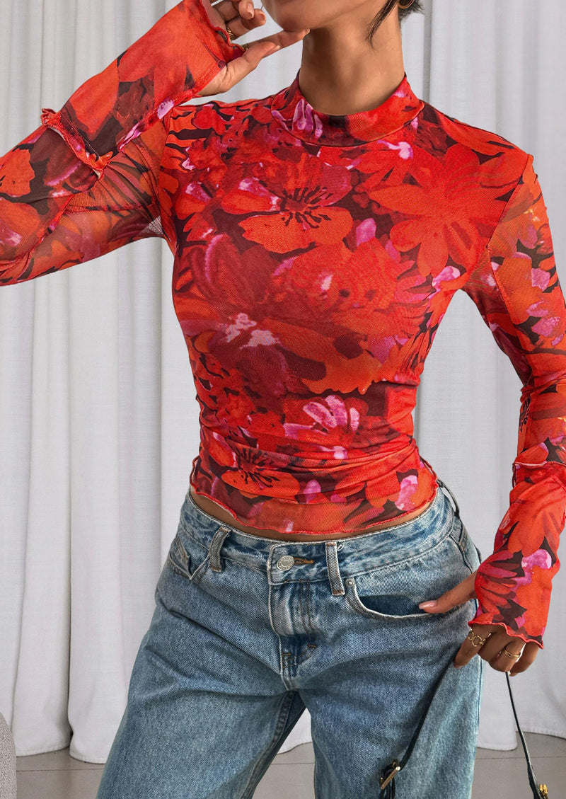 PRETTYGARDEN Womens Fall Mesh Floral Blouses Long Sleeve Going Out Tops Slim Fitted Shirts Date Night Outfits
