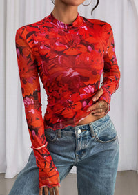 PRETTYGARDEN Womens Fall Mesh Floral Blouses Long Sleeve Going Out Tops Slim Fitted Shirts Date Night Outfits