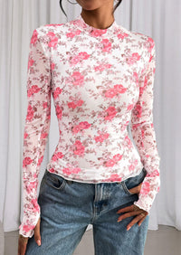 PRETTYGARDEN Womens Fall Mesh Floral Blouses Long Sleeve Going Out Tops Slim Fitted Shirts Date Night Outfits