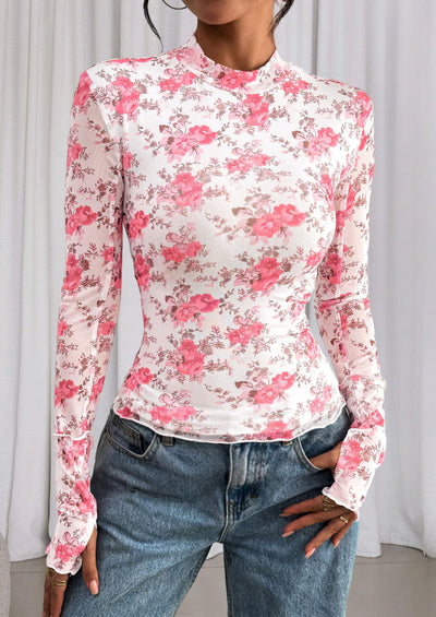 PRETTYGARDEN Womens Fall Mesh Floral Blouses Long Sleeve Going Out Tops Slim Fitted Shirts Date Night Outfits
