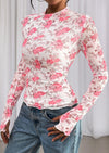 PRETTYGARDEN Womens Fall Mesh Floral Blouses Long Sleeve Going Out Tops Slim Fitted Shirts Date Night Outfits