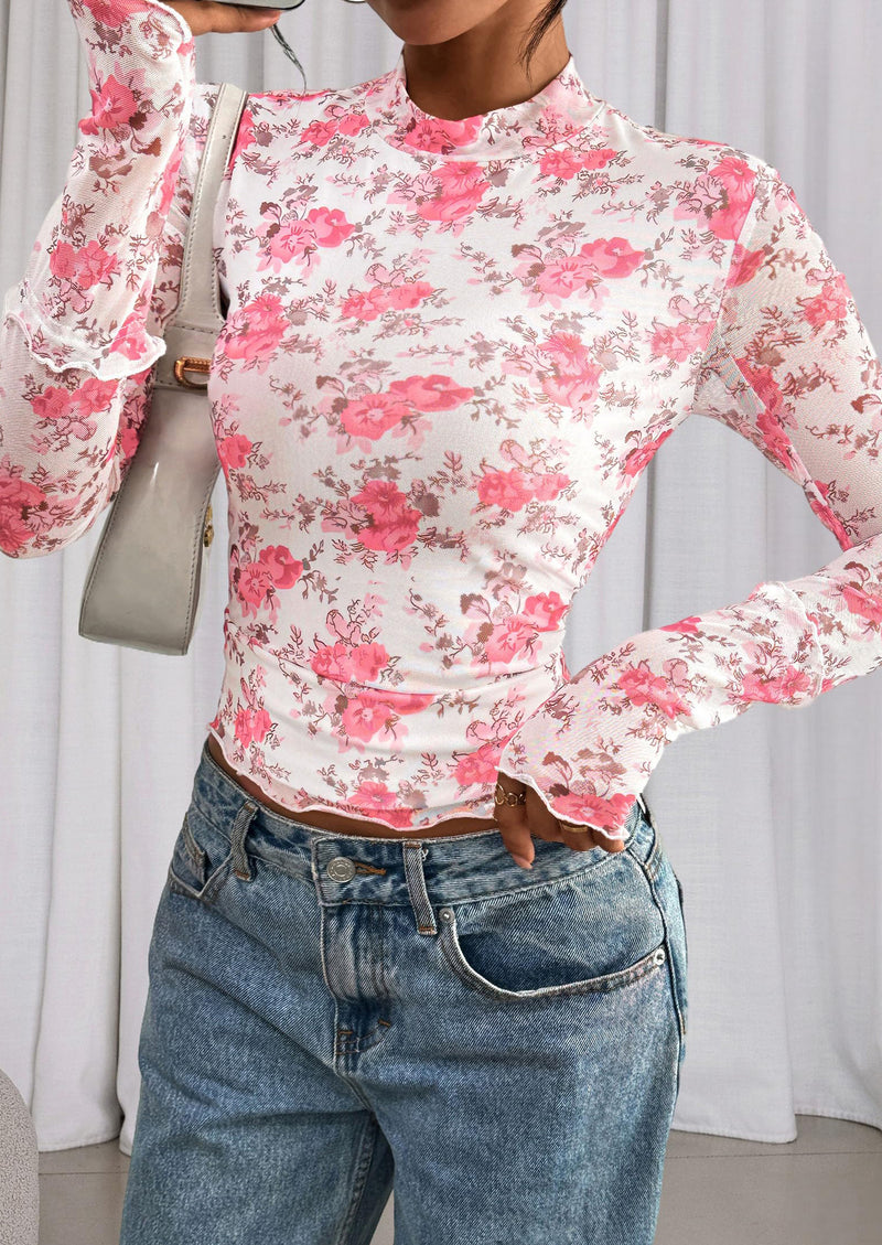 PRETTYGARDEN Womens Fall Mesh Floral Blouses Long Sleeve Going Out Tops Slim Fitted Shirts Date Night Outfits
