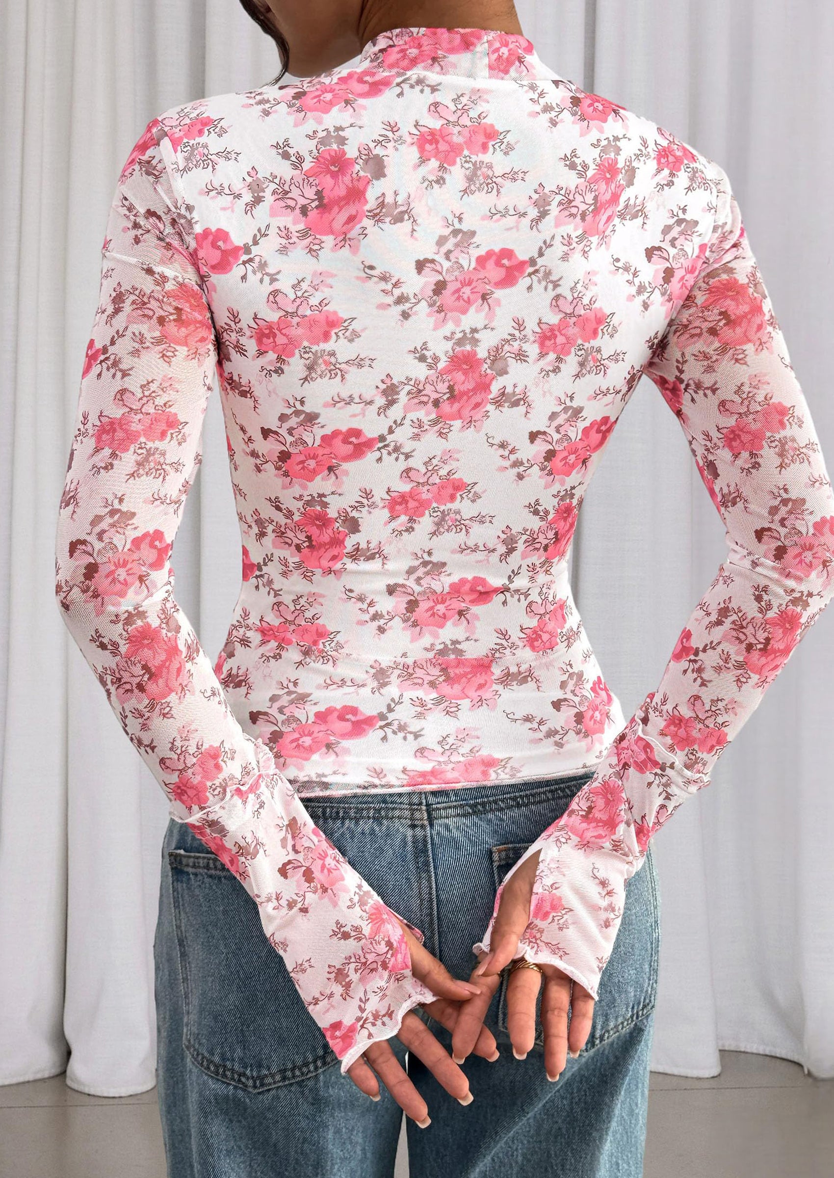 PRETTYGARDEN Womens Fall Mesh Floral Blouses Long Sleeve Going Out Tops Slim Fitted Shirts Date Night Outfits