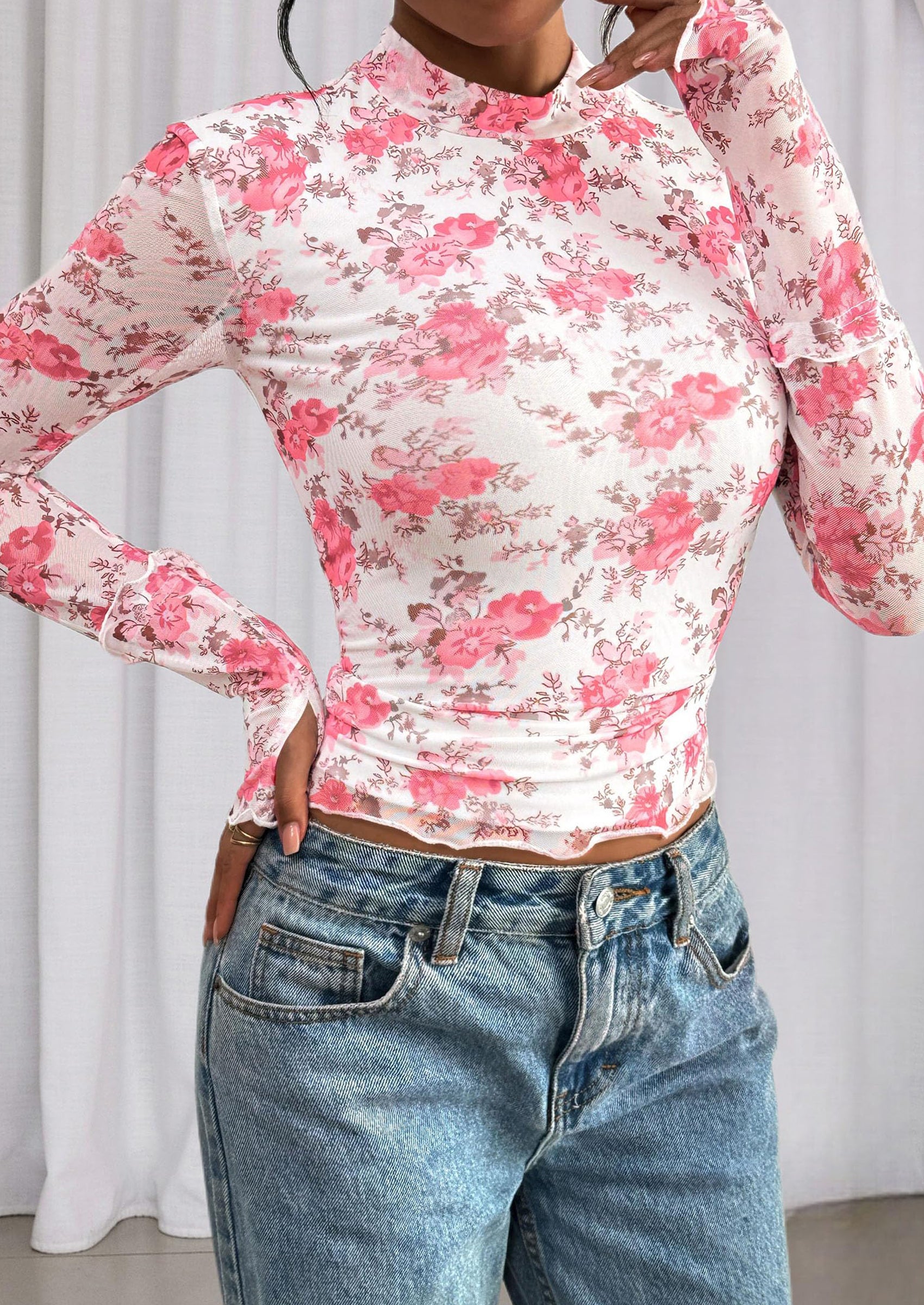 PRETTYGARDEN Womens Fall Mesh Floral Blouses Long Sleeve Going Out Tops Slim Fitted Shirts Date Night Outfits