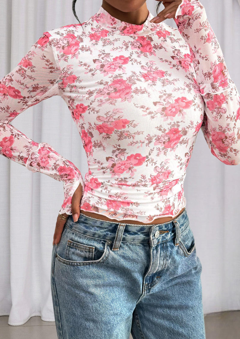 PRETTYGARDEN Womens Fall Mesh Floral Blouses Long Sleeve Going Out Tops Slim Fitted Shirts Date Night Outfits