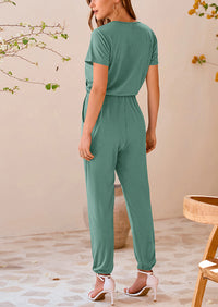 Deep V Neck Wrap Drawstring Waist Jumpsuits