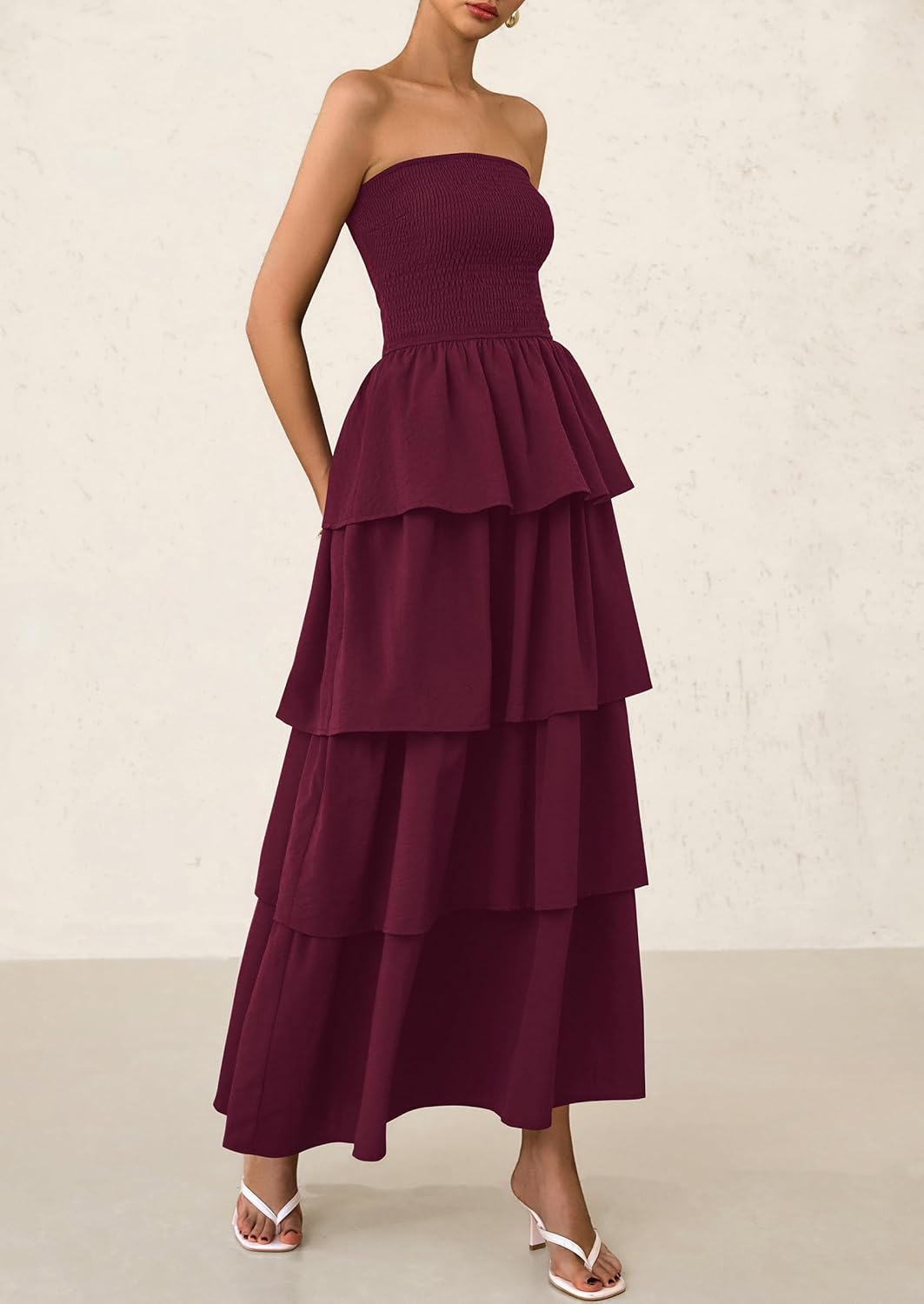Off Shoulder Smocked Tiered Ruffle Long Flowy Casual Beach Maxi Dress