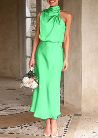 Satin sleeveless stand up collar party long dress