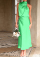 Satin sleeveless stand up collar party long dress