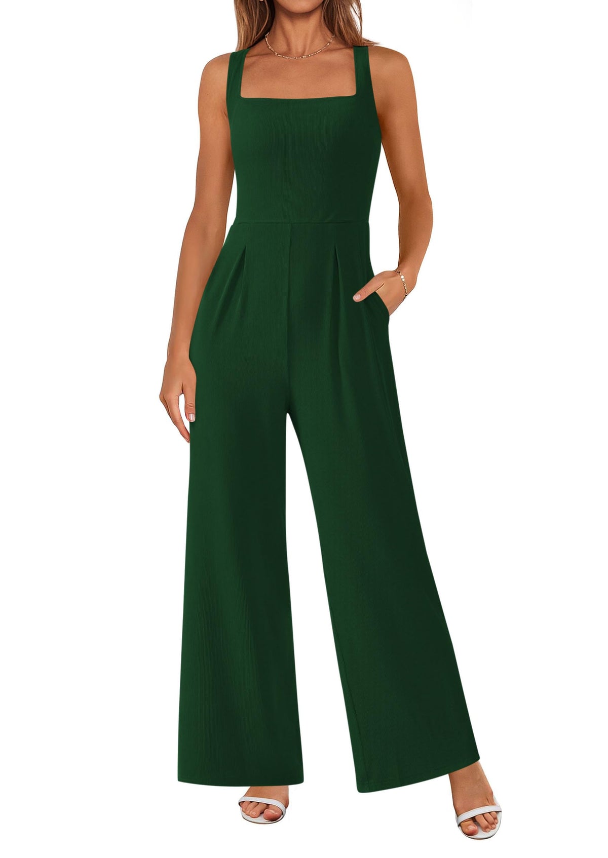 Sleeveless Dressy Square Neck Wide Leg Pants Knitted with Pockets Jumpsuits