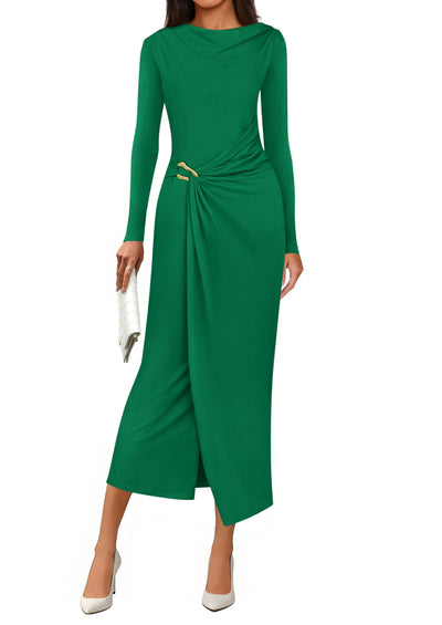 PRETTYGARDEN Women's Fall Wedding Guest Cocktail Midi Dresses Elegant Long Sleeve Bodycon Ruched Dress Fashion Clothing PRETTYGARDEN