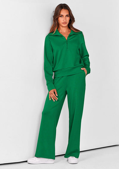 PRETTYGARDEN Women's 2 Piece Outfits Casual Lapel Half Zip Sweatshirts And Wide Leg Pants Tracksuit Sets